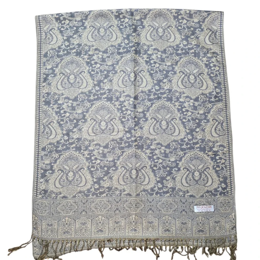 Pashmina Womens Gold Gray Paisley Silk Blend Fringe Reversible Wrap Scarf Shawl